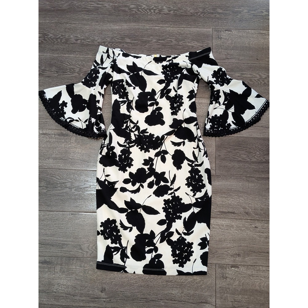 Women's Floral Off Shoulder Bell Sleeve Sheath Dress Black White Size 12